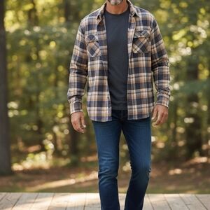 Royal Robbins Plaid Button-Down Shirt in Navy, Brown & Cream